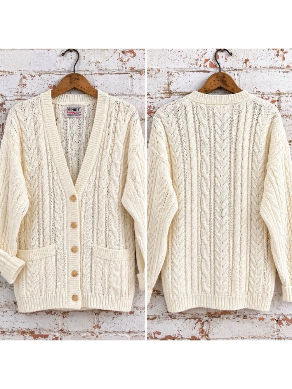 Vintage 90s Carriage Court Womens M Cream Cable Knit Fisherman Cardigan Pockets